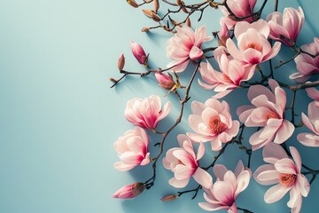Spring floral concept with pink magnolia flowers on a soft blue background and bright sunlight Top...
