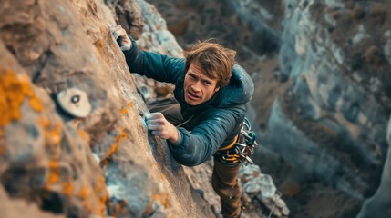 Obraz premium Man practices climbing on a rock