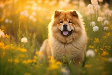 Chow chow dog sitting in meadow field surrounded by vibrant wildflowers and grass on sunny day ai generated