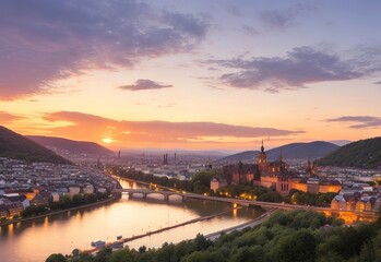Fototapeta premium Heidelberg, Germany, dreamy sunset colors over the Neckar river with the Old Town and Bridge, framed by silhouettes of trees 