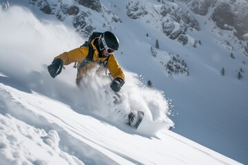 Man practices freeriding on a snowboard in the mountains