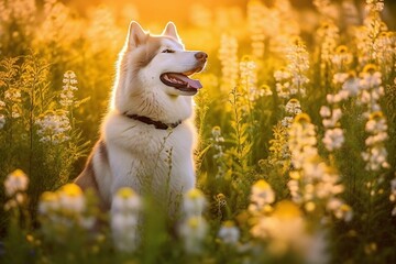 Alaskan malamute dog sitting in meadow field surrounded by vibrant wildflowers and grass on sunny day AI Generated - obrazy, fototapety, plakaty