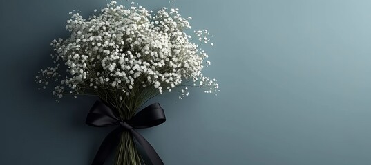 Funeral flowers with black ribbon on gray background   mourning bundle for service and condolences