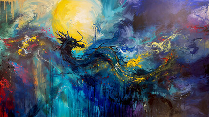 Abstract Chinese Dragon Waterfall Moonlight Painting
