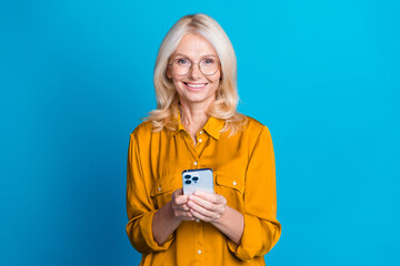 Photo of pensioner woman instagram twitter facebook telegram dressed stylish yellow satin clothes...