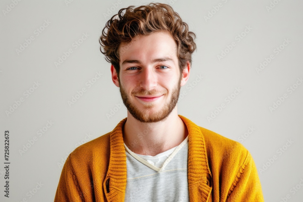Poster a man with curly hair and a beard smiles at the camera. suitable for various uses