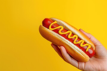 Unhealthy high fat hot dog with mustard held in hand on yellow background