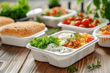 Unhealthy polystyrene lunch boxes with take away meal on table