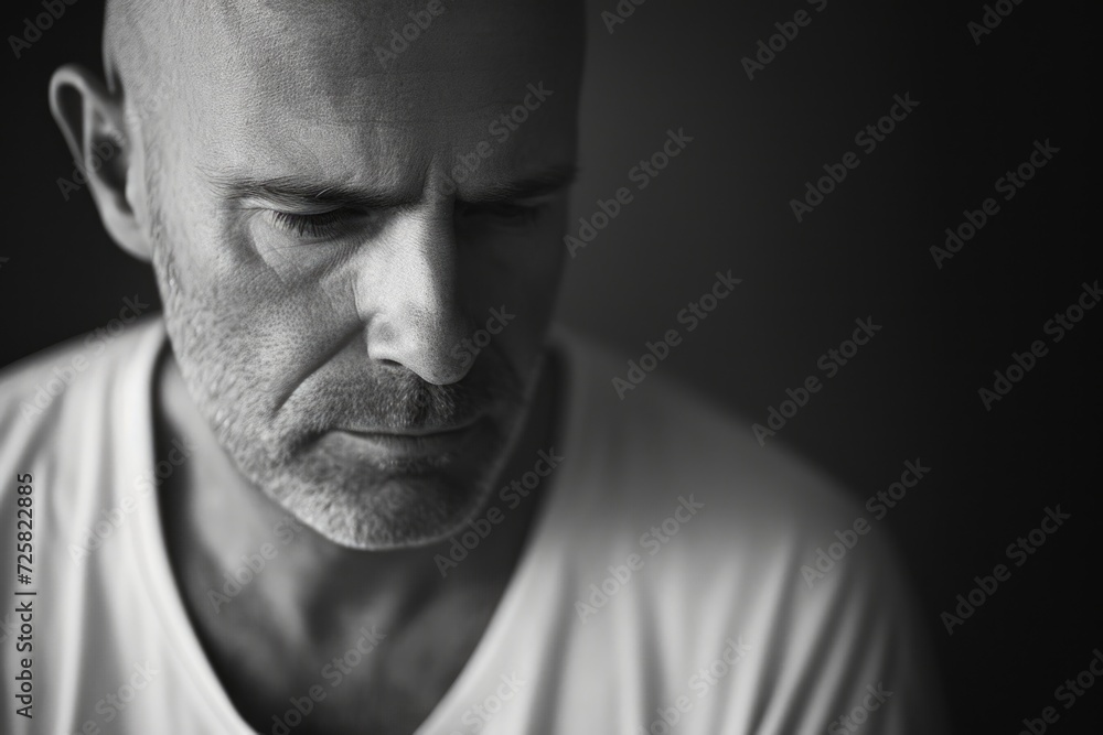 Poster a black and white photo capturing the image of a man with a bald head. suitable for various uses