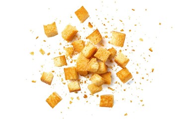 White background isolated bread croutons viewed from the top Heap of crispy bread cubes dry crumbs and rusks