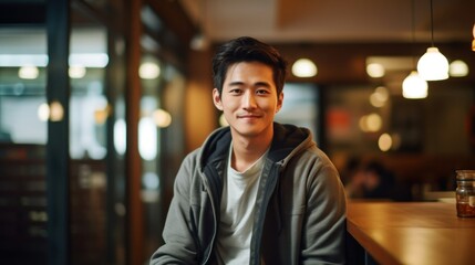 Fototapeta premium Young asian man sitting at table in cafe. Portrait of nice young man. AI Generated