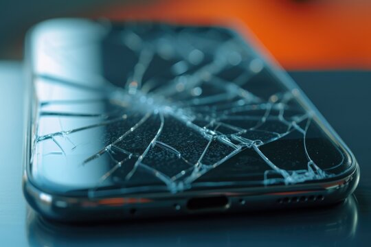 A broken cell phone is sitting on top of a table. This image can be used to depict technology issues or the need for repairs