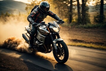 Naklejka premium A professional motorbike rider zooms down the winding road.