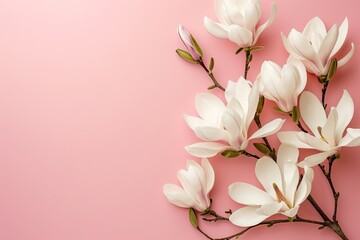White magnolia flowers in a beautiful bouquet on pink background copy space top view