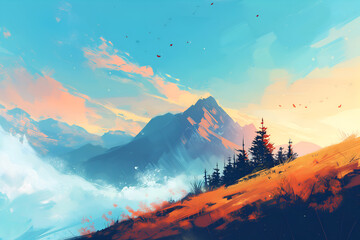 Beautiful Mountain landscape. Watercolor anime art pictures