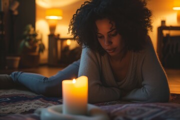 A woman sitting on a carpet looking at a candle - Powered by Adobe