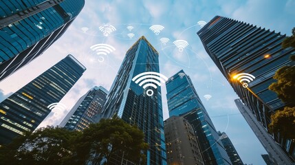 Fototapeta premium Digital Horizons: Wireless Signs Amidst Skyscrapers