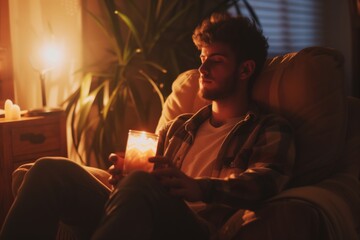A man sitting on a chair holding a crystal looking at a candle