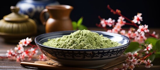 Matcha green tea powder hill in a tea bowl