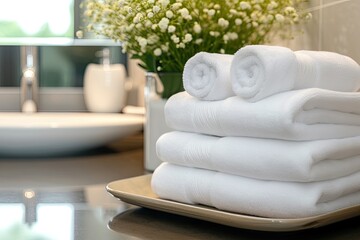 Fototapeta na wymiar White towels stacked on bathroom table