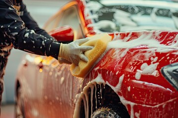 Worker cleaning red car on a car wash - obrazy, fototapety, plakaty