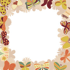 frame of colorful bright insects, twigs, hearts. Perfect for wallpapers, gift paper, greeting cards, fabrics, textiles, web designs. Vector illustration. Hand drawn.