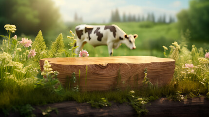 Wooden Farm Landscape Alps Natur Platform Empty Blank Plate Podium Pedestral Table Stand Mockup Product Display Showcase Wood Surface Podest Presentation Cows Pasture 