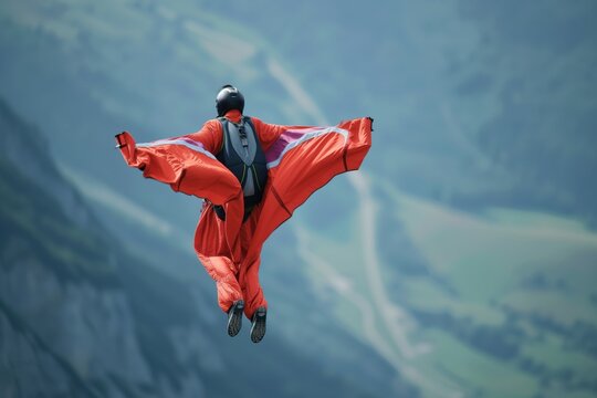Person who practices wingsuiting in the mountains