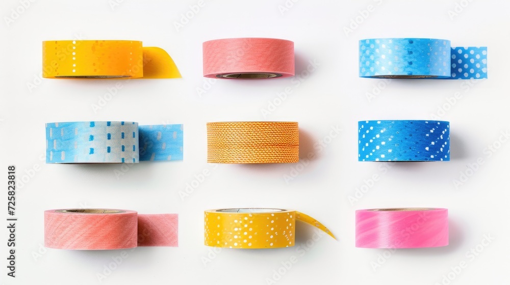Poster A collection of different colored washi tapes neatly arranged on a white surface. This versatile image can be used for various creative projects and crafts