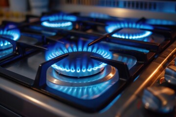 A close up view of blue flames on a gas stove. This image can be used to illustrate concepts related to cooking, home appliances, energy, and fire safety