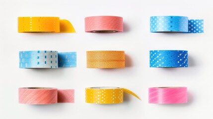 A collection of different colored washi tapes neatly arranged on a white surface. This versatile image can be used for various creative projects and crafts - Powered by Adobe