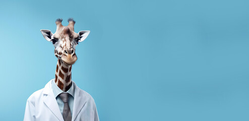 Cute animal doctor. Funny giraffe physician in uniform, medical worker in vet clinic. copy space