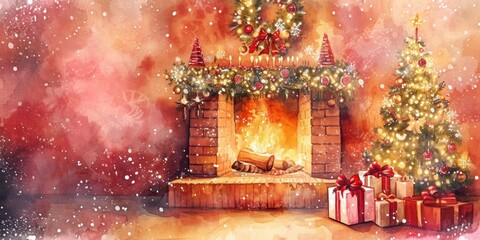 A painting of a fireplace with presents in front of it. Perfect for holiday cards and festive decorations