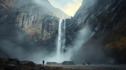 Solo Wanderer  Contemplating the Grandeur of a Majestic Waterfall