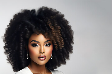 A girl with a lush afro hairstyle. Advertising for a beauty salon.