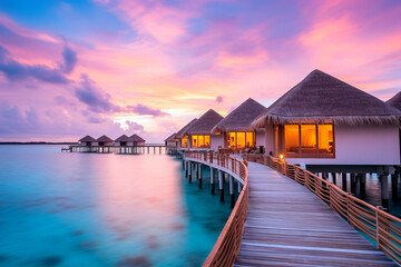 Fototapeta premium Water bungalow. Sunset on the islands of the Maldives