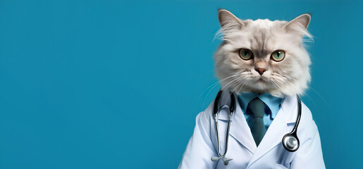 Cute cat doctor, funny feline GP with stethoscope, medical worker in vet clinic. Banner