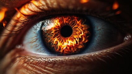 Extreme close-up of a beautiful person eye in flames , burning glowing fire in the eye iris , angry or revengeful people concept image.  generative, ai. - obrazy, fototapety, plakaty