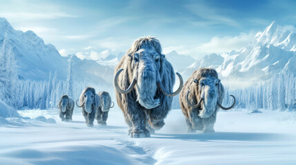 Woolly mammoths herd in frozen cold landscape in blue and white tones, wide banner, extinct prehistoric animals. Copy space. - obrazy, fototapety, plakaty