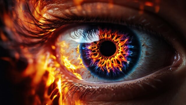 Extreme close-up of a beautiful person eye in flames , burning glowing fire in the eye iris , angry or revengeful people concept image.  generative, ai.
