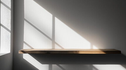 Sunlit Serenity Geometric Shadows on a Minimalist Wooden Shelf