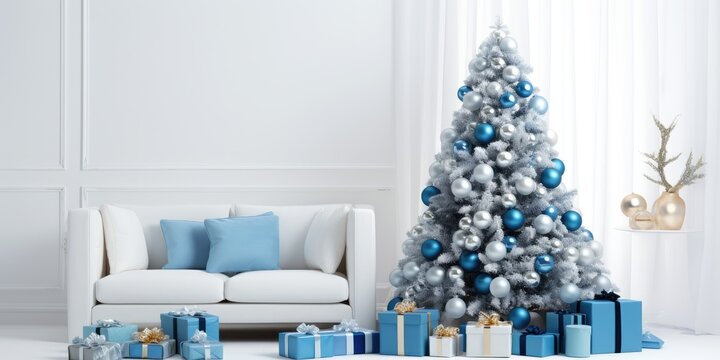 Decorated white Christmas tree with blue ornaments, garland, and many presents beneath it.
