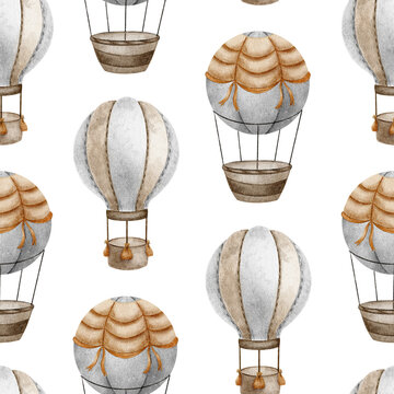 Hot Air Balloons with basket. Watercolor seamless pattern. Cute baby background. For kid's goods, clothes, children's toy, kid's shop, textile, postcards, baby shower, wallpaper and children's room