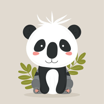 Children's cartoon panda illustration on light gray background. Children's theme. For cartoon characters, posters, postcards. 