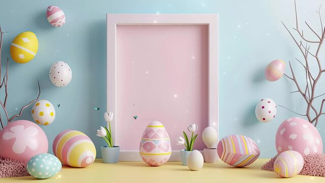 Happy Easter greeting background with eggs and flower. Easter eggs background with copy space area for text. Frame background.