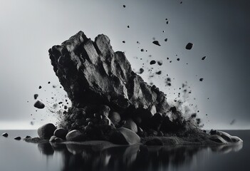 Rock stone white background fall black falling space isolated splash dust mountain cliff flying Eart