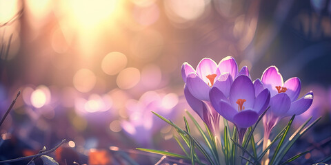 Purple crocuses in bloom with bokeh baground. Spring and beauty concept. Design for gardening, seasonal festivals flyer, invitation. Banner with copy space. - obrazy, fototapety, plakaty