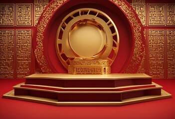 Chinese red background podium 3d stage product year new gold china lunar luxury stand Golden chinese