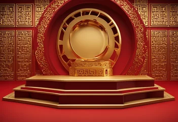 Gordijnen Chinese red background podium 3d stage product year new gold china lunar luxury stand Golden chinese © ArtisticLens