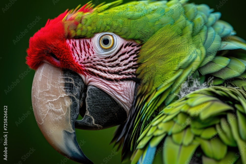 Poster a close-up view of a parrot's face against a vibrant green background. suitable for various uses